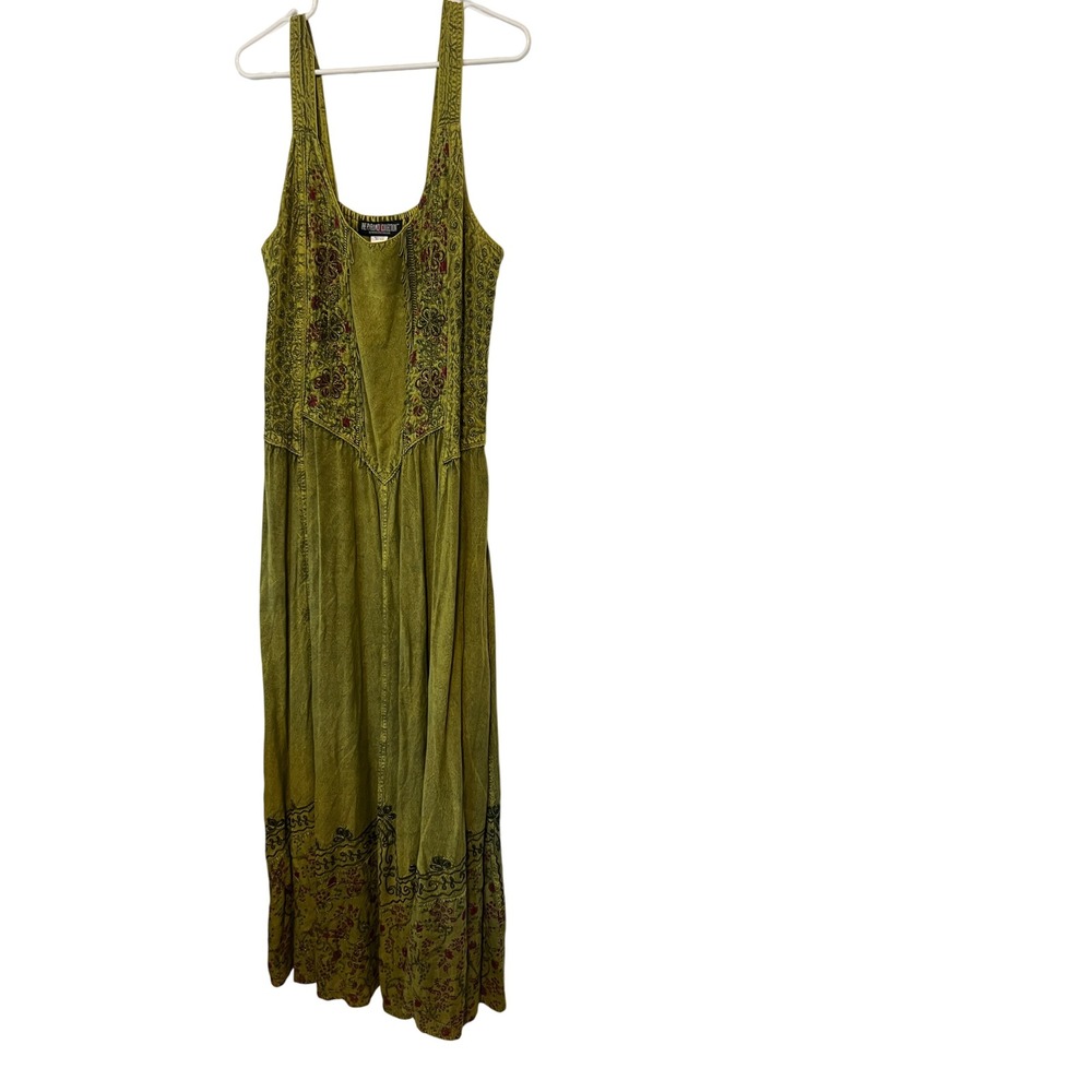 Pyramid Collection Green Floral Embroidered Boho Maxi Dress Large Smocked Back
